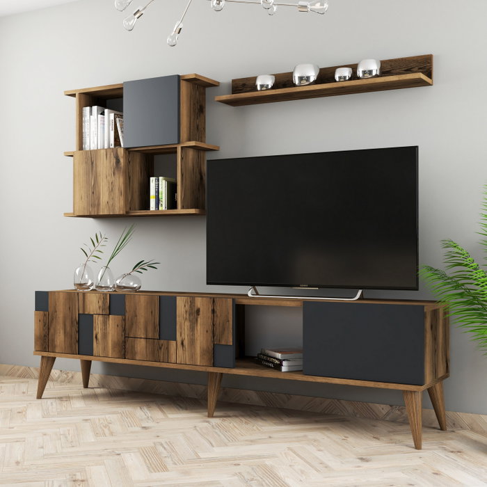Hanah Home Madrid - Mueble de TV y Estantes de Pared Nogal y Antracita